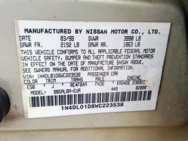 1N4DL01D8WC223538 - 1998 NISSAN ALTIMA XE GOLD photo 10