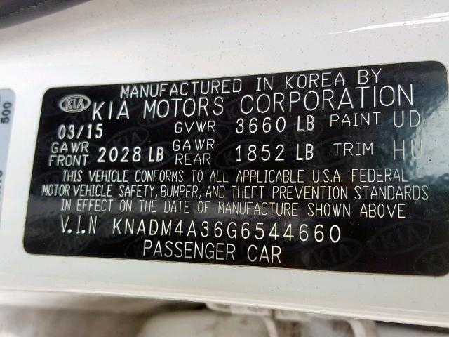 KNADM4A36G6544660 - 2016 KIA RIO LX WHITE photo 10