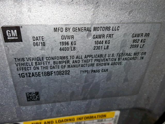 1G1ZA5E18BF108202 - 2011 CHEVROLET MALIBU LS 银色 照片 10