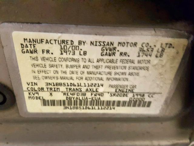 3N1BB51D61L112214 - 2001 NISSAN SENTRA SE SILVER photo 10