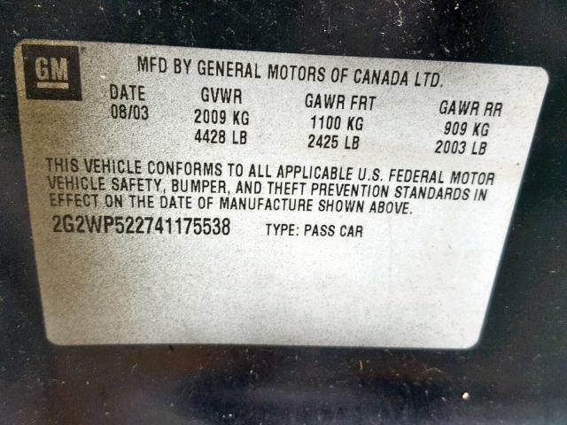 2G2WP522741175538 - 2004 PONTIAC GRAND PRIX BLACK photo 10