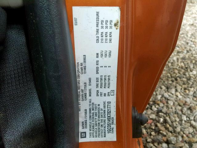 1GCDS149X78217710 - 2007 CHEVROLET COLORADO ORANGE photo 10