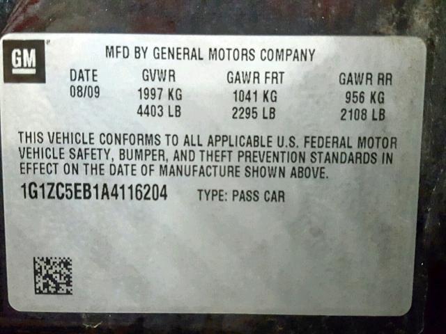 1G1ZC5EB1A4116204 - 2010 CHEVROLET MALIBU 1LT 石墨色 照片 10