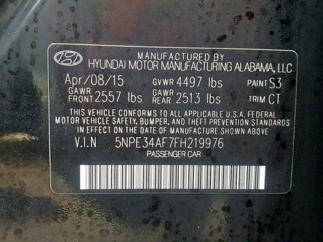 5NPE34AF7FH219976 - 2015 HYUNDAI SONATA SPO BLACK photo 10