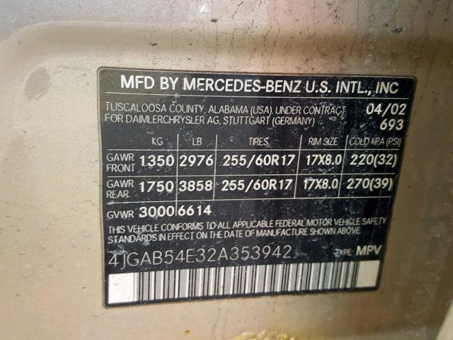 4JGAB54E32A353942 - 2002 MERCEDES-BENZ ML 320 GOLD photo 10