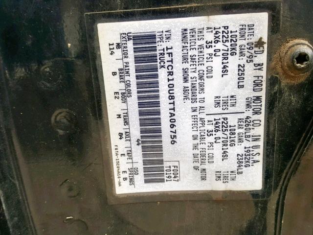 1FTCR10U8TTA06756 - 1996 FORD RANGER BLACK photo 10