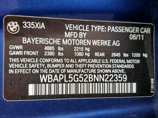 WBAPL5G52BNN22359 - 2011 BMW 335 XI BLUE photo 10