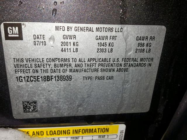 1G1ZC5E18BF138939 - 2011 CHEVROLET MALIBU 1LT 黑色 照片 10