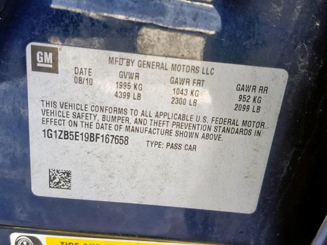 1G1ZB5E19BF167658 - 2011 CHEVROLET MALIBU LS BLUE photo 10