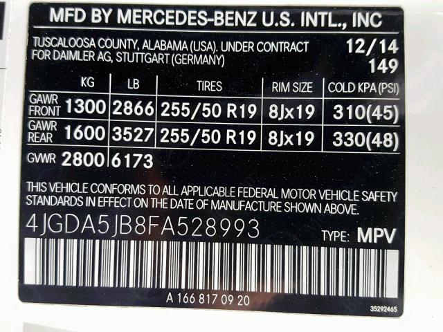 4JGDA5JB8FA528993 - 2015 MERCEDES-BENZ ML 350 WHITE photo 10