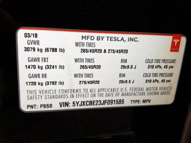 5YJXCBE23JF091585 - 2018 TESLA MODEL X  photo 10