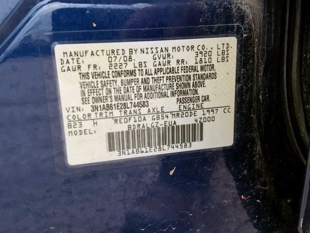 3N1AB61E28L744583 - 2008 NISSAN SENTRA 2.0 BLUE photo 10