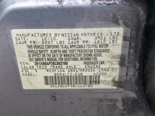 3N1AB6AP3BL663780 - 2011 NISSAN SENTRA 2.0 SILVER photo 10