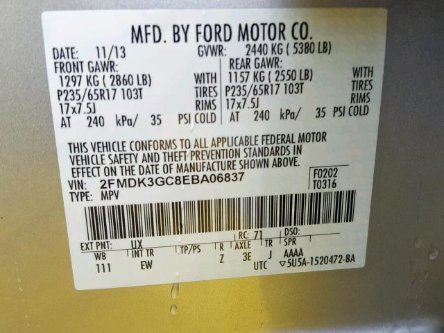 2FMDK3GC8EBA06837 - 2014 FORD EDGE SE SILVER photo 10