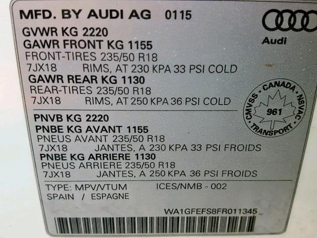 WA1GFEFS8FR011345 - 2015 AUDI Q3 PRESTIG WHITE photo 10