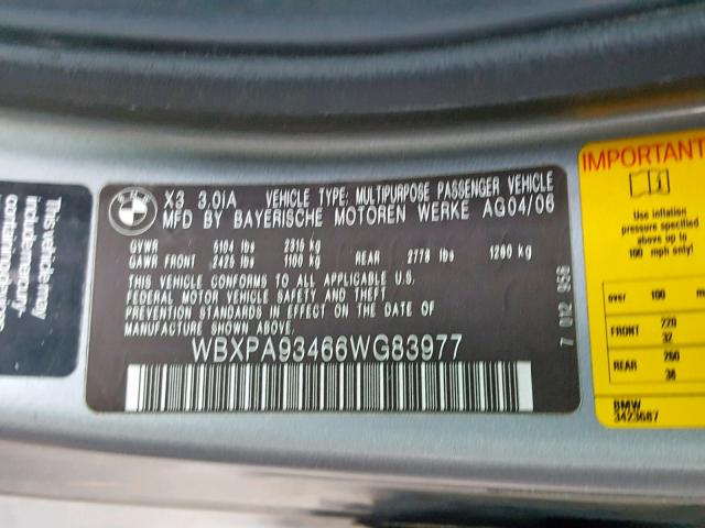 WBXPA93466WG83977 - 2006 BMW X3 3.0I SILVER photo 10