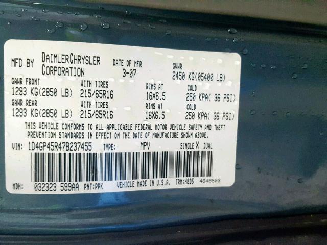 1D4GP45R47B237455 - 2007 DODGE CARAVAN SX BLUE photo 10