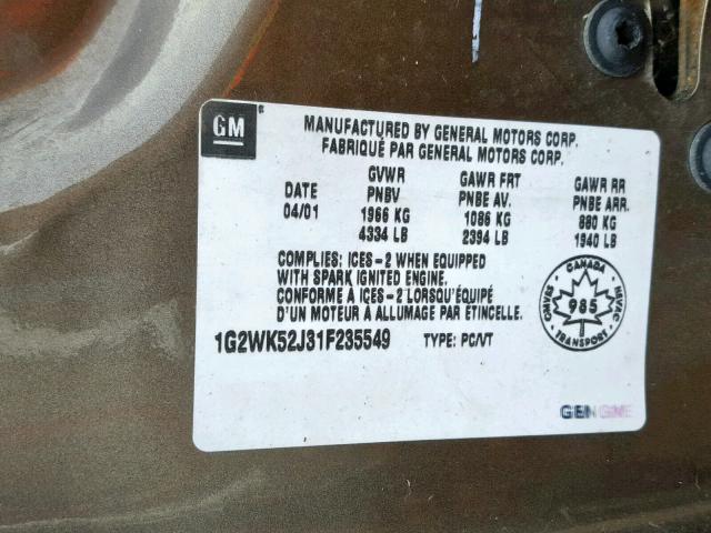 1G2WK52J31F235549 - 2001 PONTIAC GRAND PRIX TAN photo 10