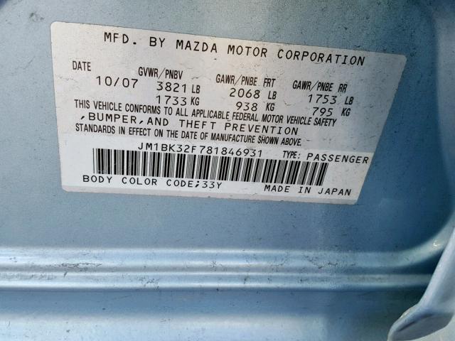 JM1BK32F781846931 - 2008 MAZDA 3 I BLUE photo 10