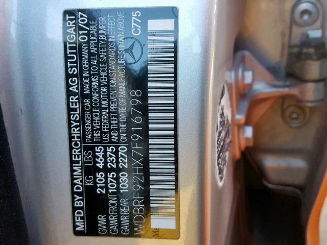 WDBRF92HX7F916798 - 2007 MERCEDES-BENZ C 280 4MAT SILVER photo 10