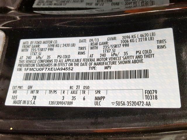 1FMCU0F7XEUA94552 - 2014 FORD ESCAPE S BLACK photo 10