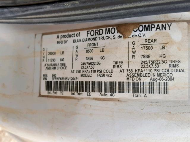 3FRNF65915V120471 - 2005 FORD F650 SUPER WHITE photo 10