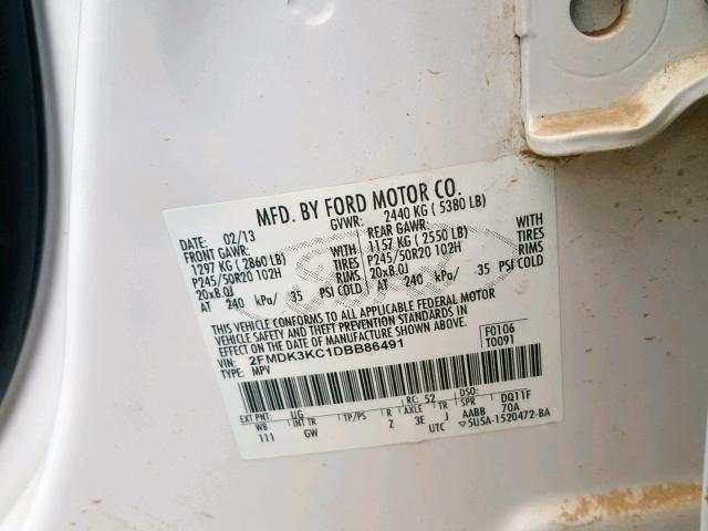 2FMDK3KC1DBB86491 - 2013 FORD EDGE LIMIT WHITE photo 10