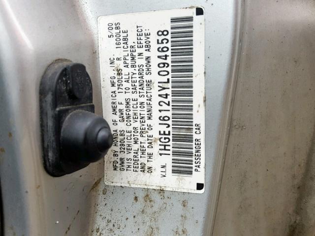 1HGEJ6124YL094658 - 2000 HONDA CIVIC DX SILVER photo 10