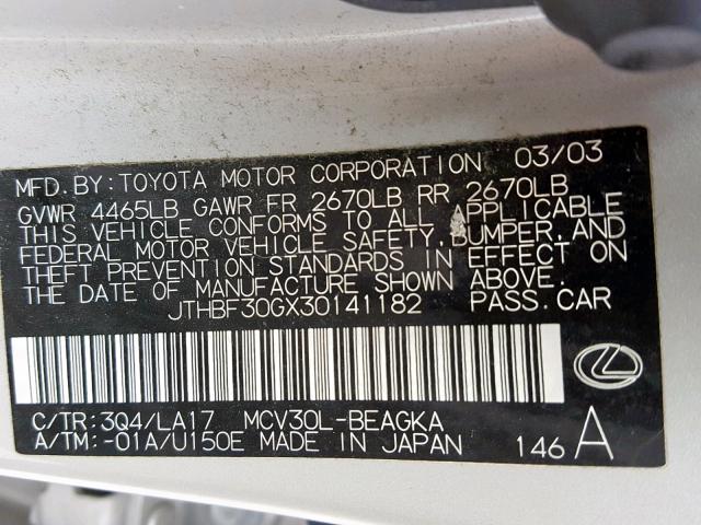 JTHBF30GX30141182 - 2003 LEXUS ES 300 SILVER photo 10