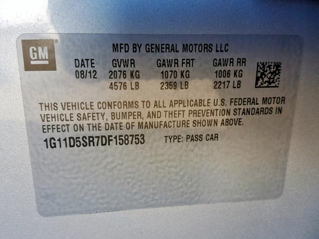 1G11D5SR7DF158753 - 2013 CHEVROLET MALIBU 1LT ვერცხლისფერი ფოტო 10