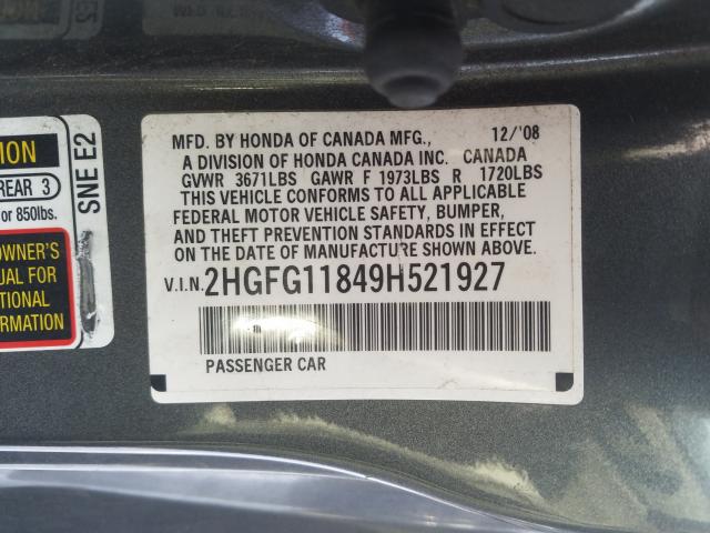 2HGFG11849H521927 - 2009 HONDA CIVIC EX  photo 10