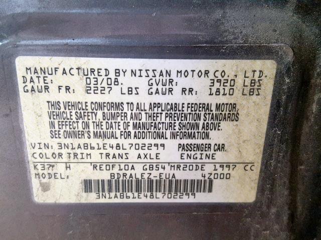 3N1AB61E48L702299 - 2008 NISSAN SENTRA 2.0 BROWN photo 10