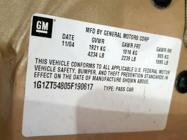 1G1ZT54805F190617 - 2005 CHEVROLET MALIBU LS GOLD photo 10