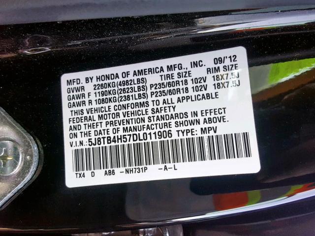 5J8TB4H57DL011906 - 2013 ACURA RDX TECHNO BLACK photo 10