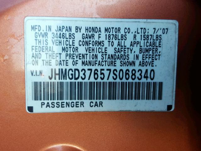 JHMGD37657S068340 - 2007 HONDA FIT S ORANGE photo 10