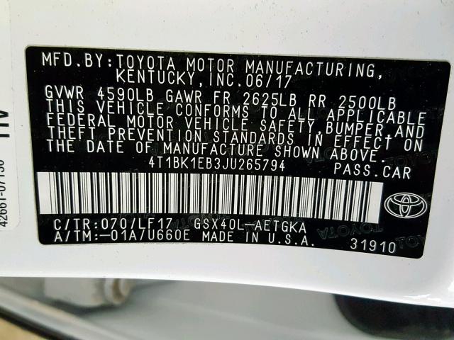 4T1BK1EB3JU265794 - 2018 TOYOTA AVALON XLE WHITE photo 10