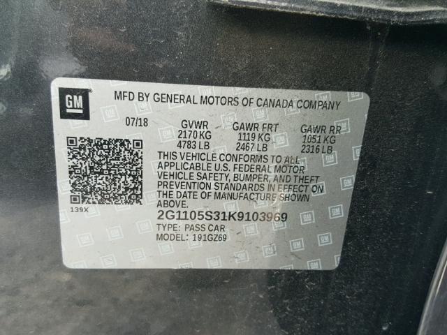 2G1105S31K9103969 - 2019 CHEVROLET IMPALA PRE GRAY photo 10