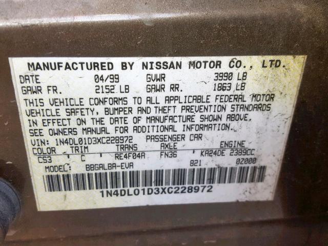 1N4DL01D3XC228972 - 1999 NISSAN ALTIMA XE BROWN photo 10