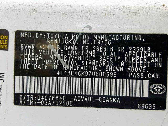 4T1BE46K97U600699 - 2007 TOYOTA CAMRY LE WHITE photo 10