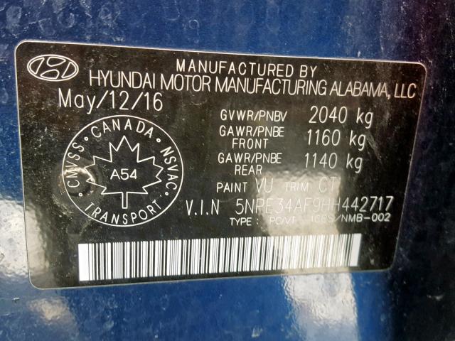 5NPE34AF9HH442717 - 2017 HYUNDAI SONATA SPO BLUE photo 10