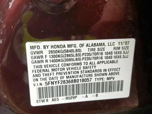 5FNYF28368B018057 - 2008 HONDA PILOT SE BURGUNDY photo 10