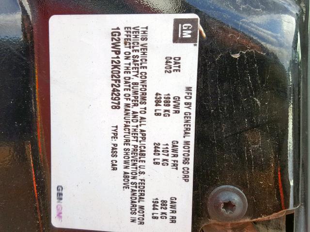 1G2WP12K02F242978 - 2002 PONTIAC GRAND PRIX BLACK photo 10