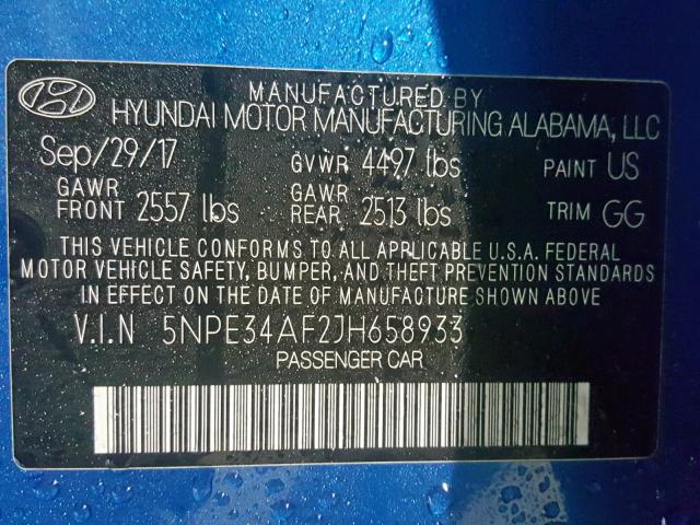 5NPE34AF2JH658933 - 2018 HYUNDAI SONATA SPO BLUE photo 10