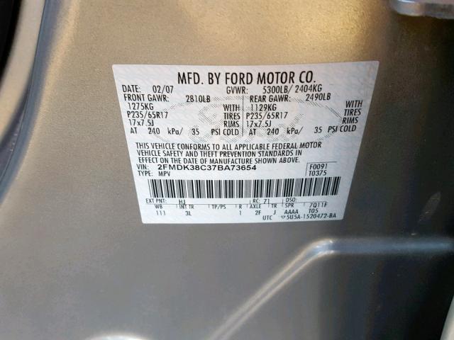 2FMDK38C37BA73654 - 2007 FORD EDGE SEL GRAY photo 10