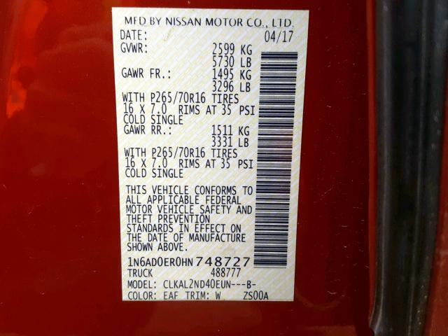 1N6AD0ER0HN748727 - 2017 NISSAN FRONTIER S RED photo 10