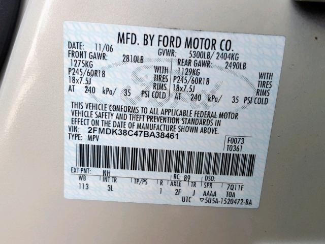 2FMDK38C47BA38461 - 2007 FORD EDGE SEL GOLD photo 10