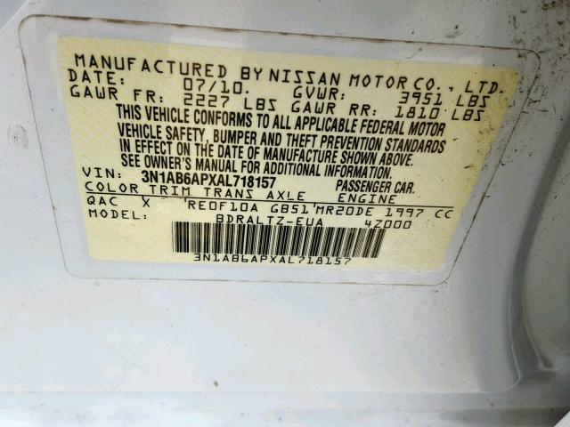 3N1AB6APXAL718157 - 2010 NISSAN SENTRA 2.0 WHITE photo 10