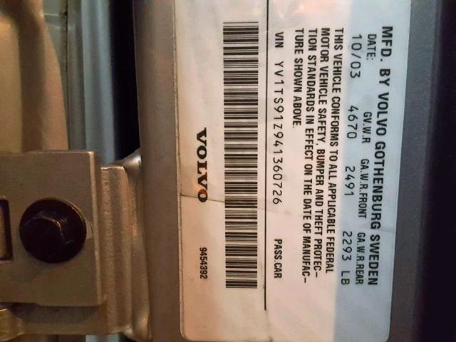 YV1TS91Z941360726 - 2004 VOLVO S80 T6 SILVER photo 10