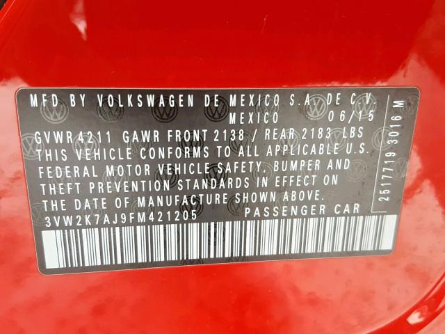 3VW2K7AJ9FM421205 - 2015 VOLKSWAGEN JETTA BASE Կարմիր լուսանկար 10