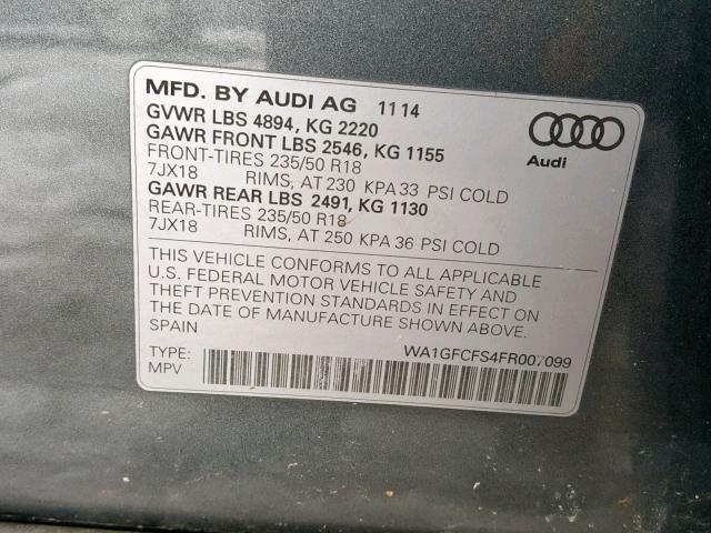 WA1GFCFS4FR007099 - 2015 AUDI Q3 PRESTIG CHARCOAL photo 10